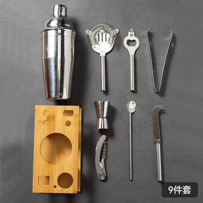 Amazon direct supply stainless steel bartending set wooden base bar tool cocktail set 9-piece bartending set
