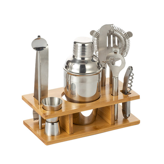 Amazon direct supply stainless steel bartending set wooden base bar tool cocktail set 9-piece bartending set